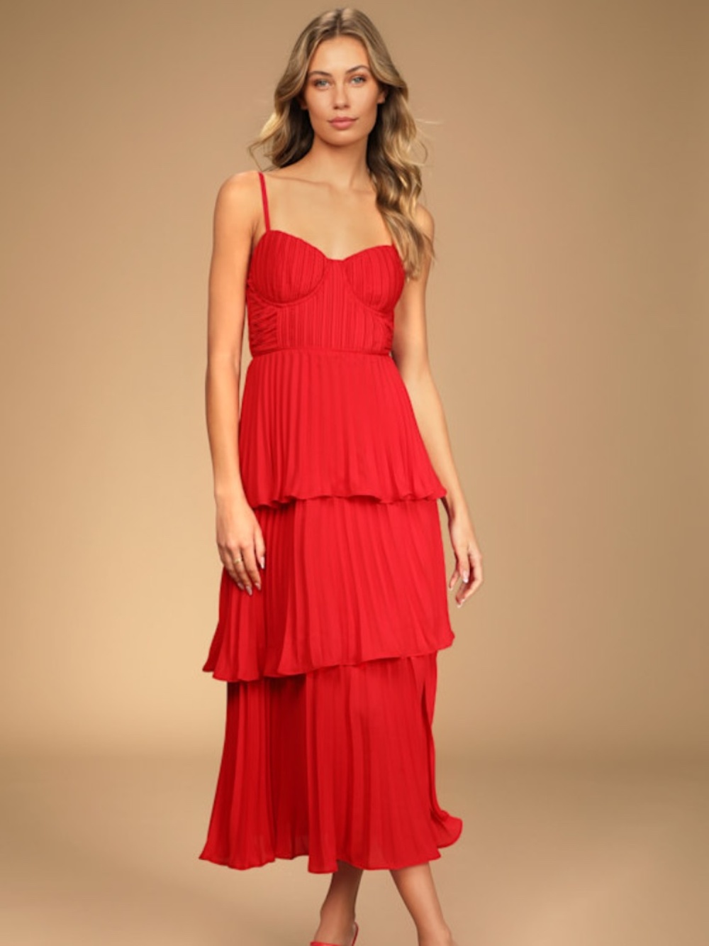 Lulus Cascading Crush Red Tiered Bustier Midi Dress - Size XS